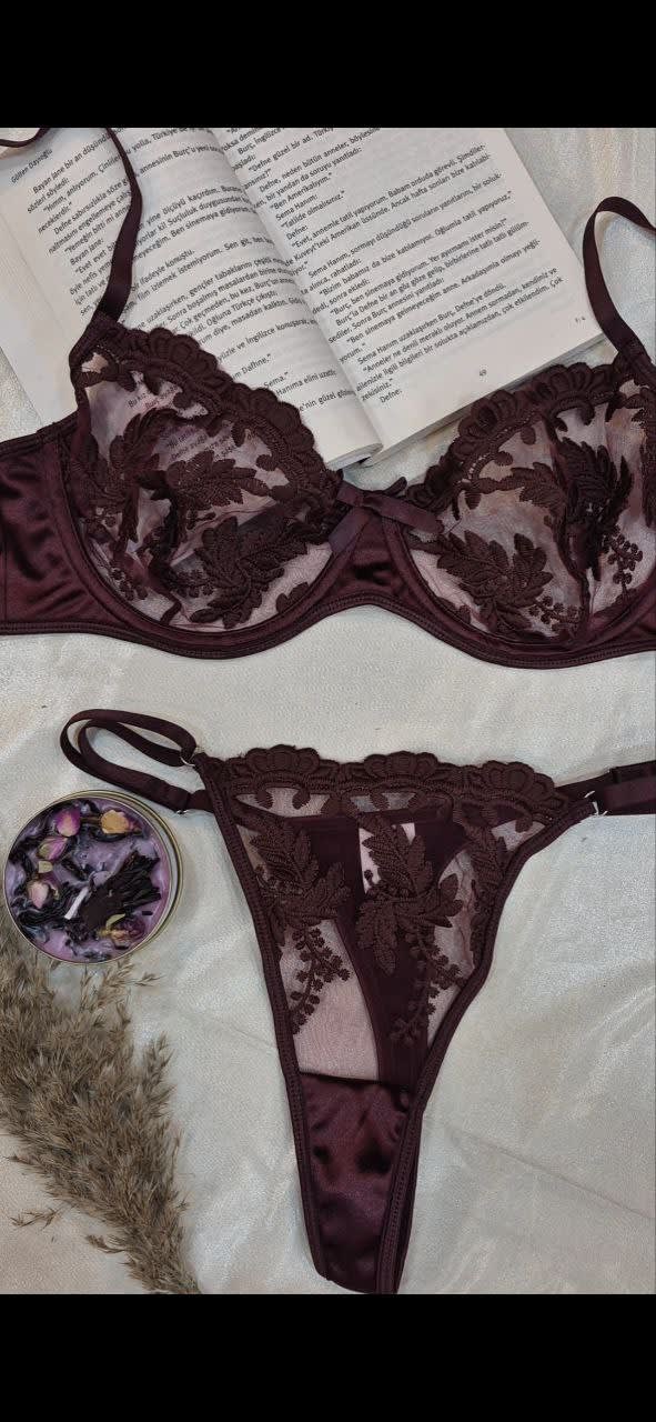 Lüks bordo çiçek dantelli balenli sütyen takımı