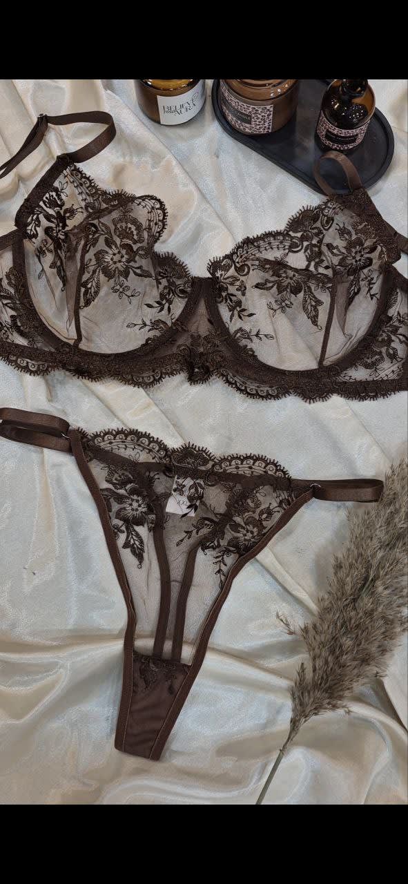 Premium kahverengi çiçek işlemeli balenli sütyen takımı