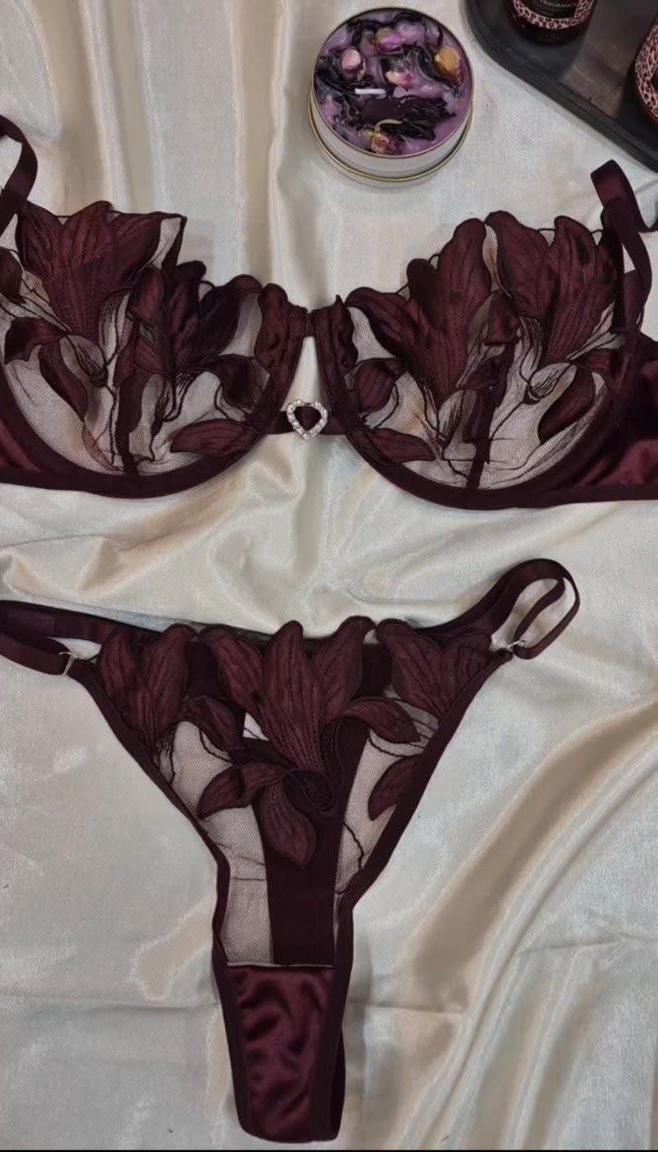 Lüks Bordo Premium Çiçek Nakışlı Balenli Sütyen Takımı